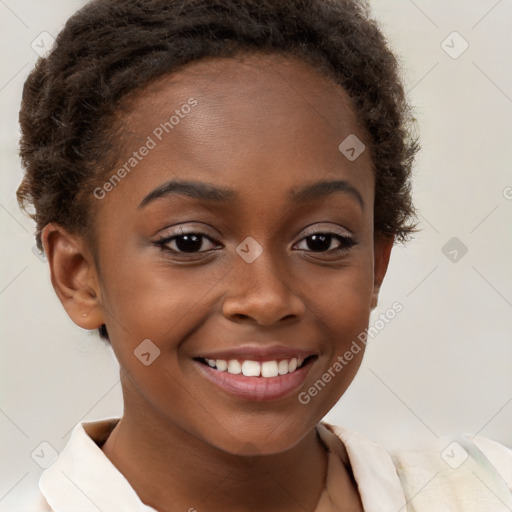 Joyful white child female with short  brown hair and brown eyes