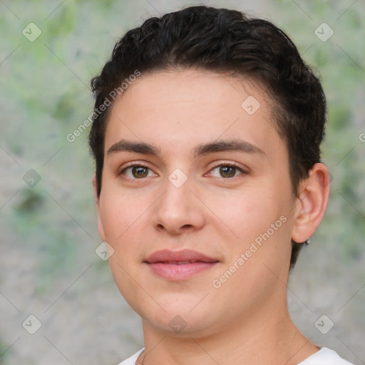 Joyful white young-adult female with short  brown hair and brown eyes