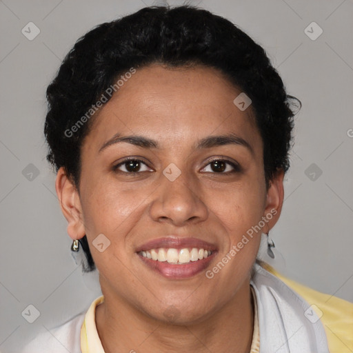 Joyful latino young-adult female with short  brown hair and brown eyes