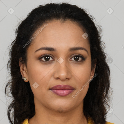 Joyful latino young-adult female with long  brown hair and brown eyes