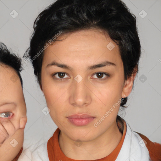 Neutral white young-adult female with medium  brown hair and brown eyes