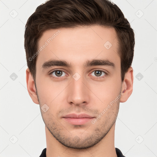 Neutral white young-adult male with short  brown hair and brown eyes