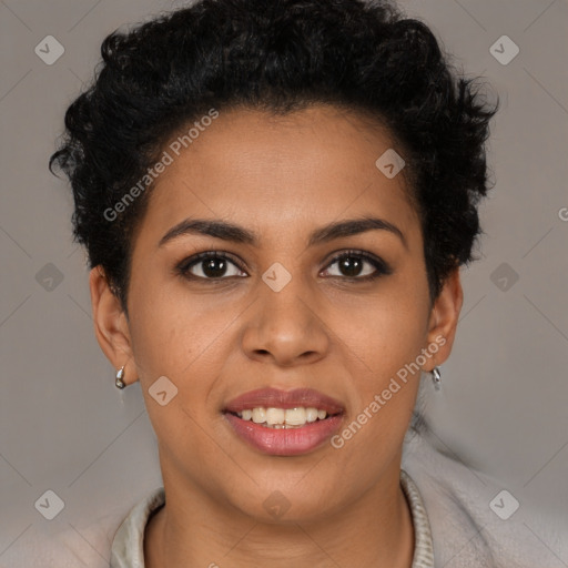 Joyful latino young-adult female with short  brown hair and brown eyes