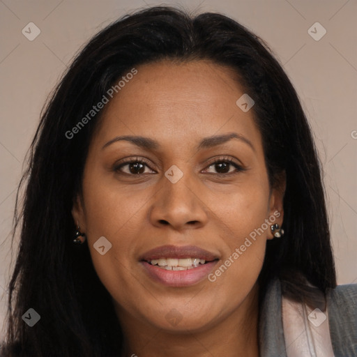 Joyful asian young-adult female with long  brown hair and brown eyes