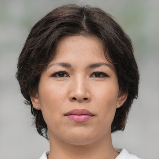 Neutral white young-adult female with medium  brown hair and brown eyes