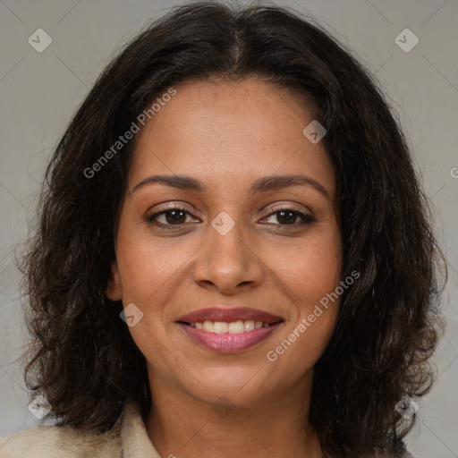 Joyful latino young-adult female with medium  brown hair and brown eyes