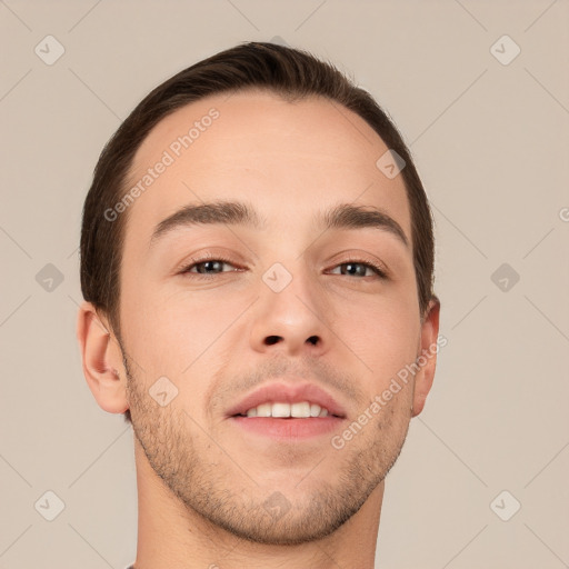 Neutral white young-adult male with short  brown hair and brown eyes