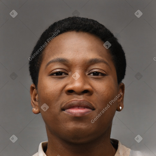Neutral black young-adult female with short  brown hair and brown eyes