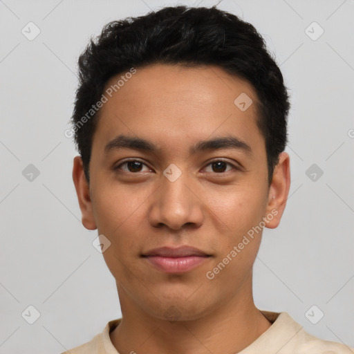 Neutral latino young-adult male with short  black hair and brown eyes