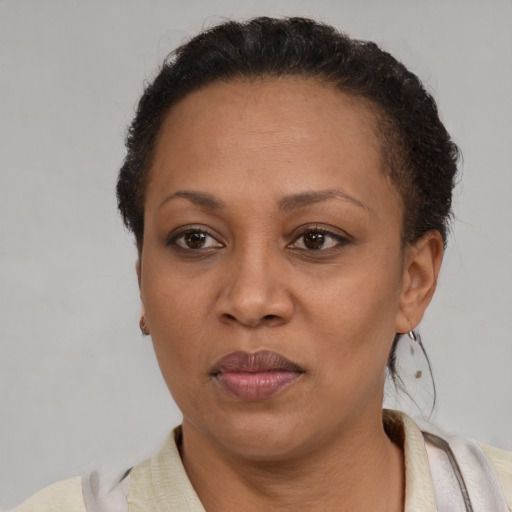 Joyful black adult female with short  brown hair and brown eyes