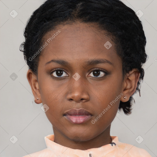 Neutral black young-adult female with short  brown hair and brown eyes