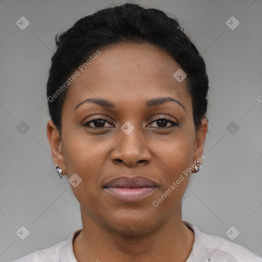 Joyful black young-adult female with short  black hair and brown eyes