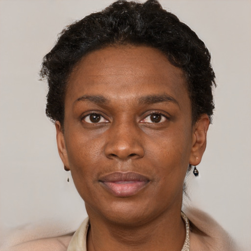Neutral black adult female with short  brown hair and brown eyes