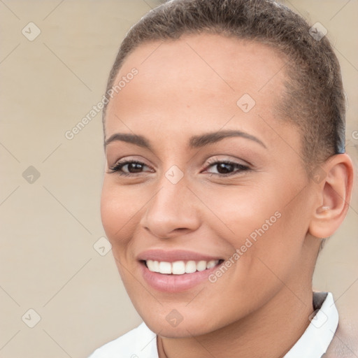 Joyful white young-adult female with short  brown hair and brown eyes