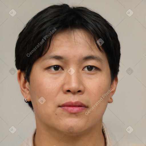 Neutral asian adult female with short  brown hair and brown eyes