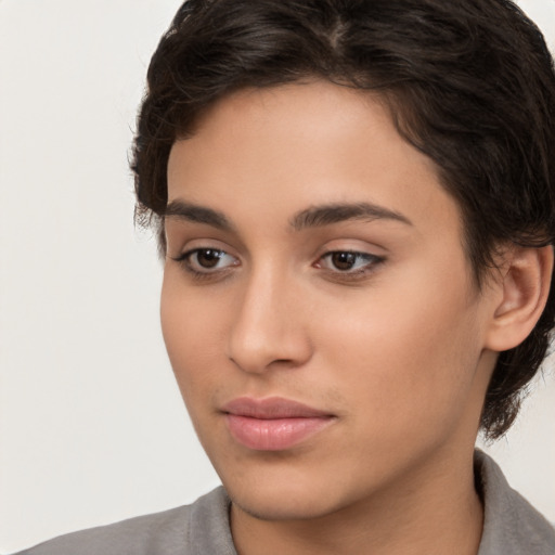 Neutral white young-adult female with short  brown hair and brown eyes