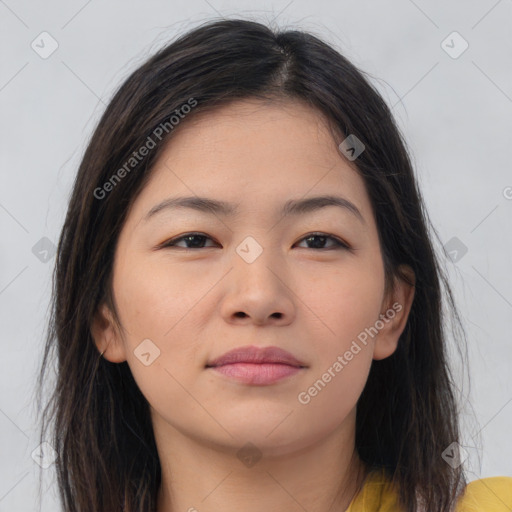 Joyful asian young-adult female with long  brown hair and brown eyes