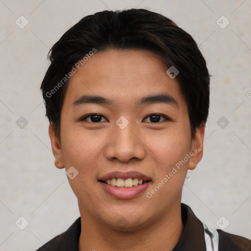 Joyful asian young-adult female with short  brown hair and brown eyes