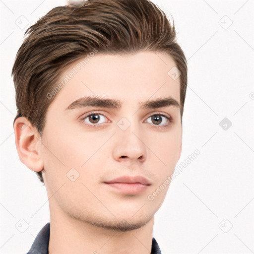 Neutral white young-adult male with short  brown hair and brown eyes