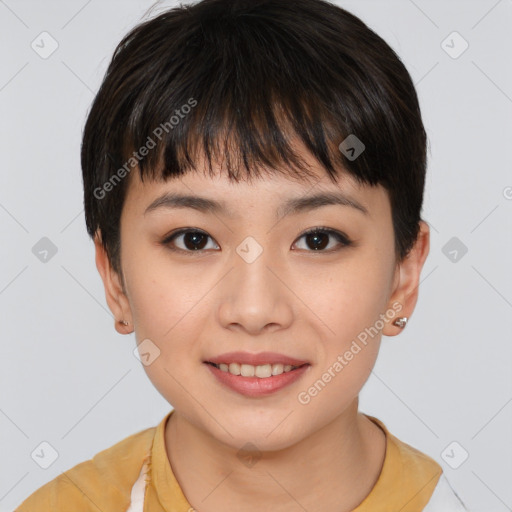 Joyful white child female with short  brown hair and brown eyes