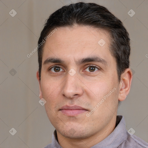 Neutral white adult male with short  brown hair and brown eyes