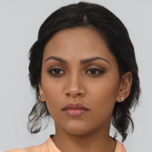 Neutral asian young-adult female with medium  black hair and brown eyes