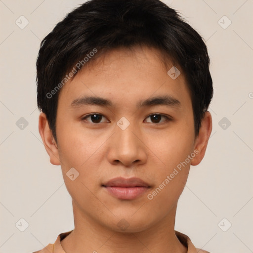 Neutral asian young-adult male with short  black hair and brown eyes