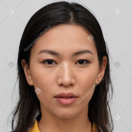 Neutral asian young-adult female with medium  brown hair and brown eyes