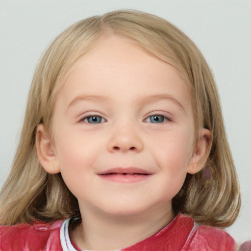 Joyful white child female with medium  brown hair and grey eyes