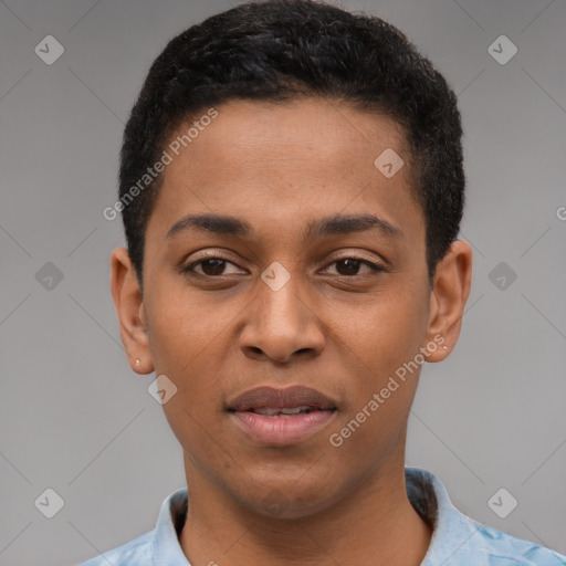 Joyful black young-adult male with short  black hair and brown eyes