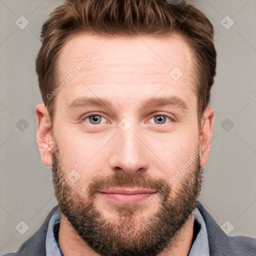 Neutral white young-adult male with short  brown hair and grey eyes