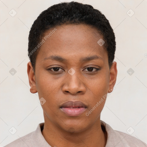 Neutral black young-adult female with short  brown hair and brown eyes