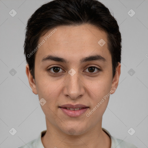 Joyful white young-adult female with short  brown hair and brown eyes