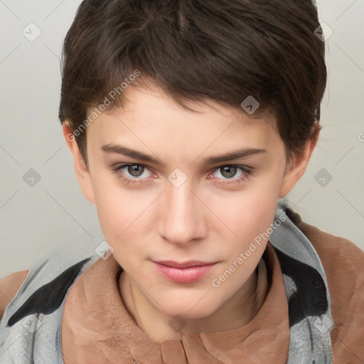 Neutral white young-adult female with short  brown hair and brown eyes