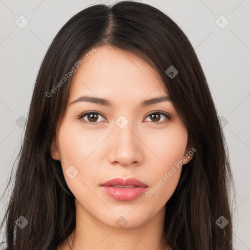 Neutral asian young-adult female with long  brown hair and brown eyes