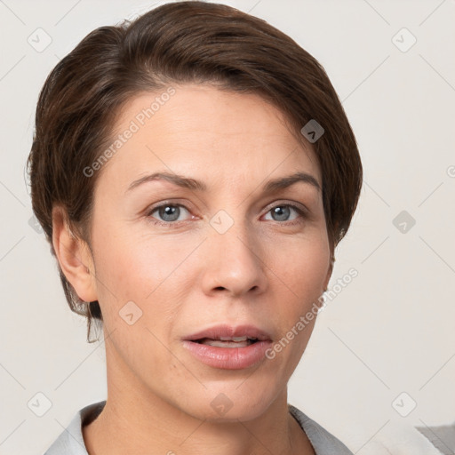 Neutral white young-adult female with short  brown hair and brown eyes