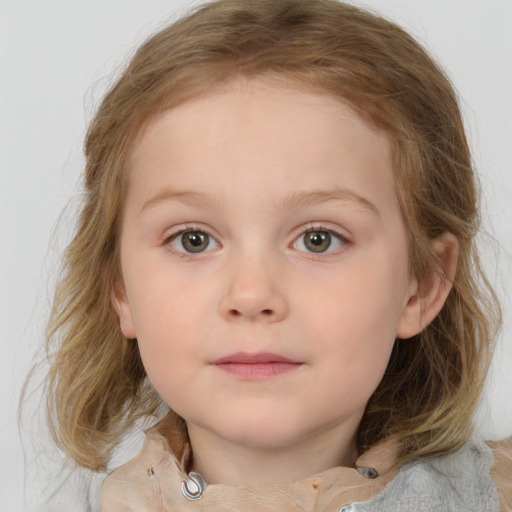 Neutral white child female with medium  brown hair and blue eyes