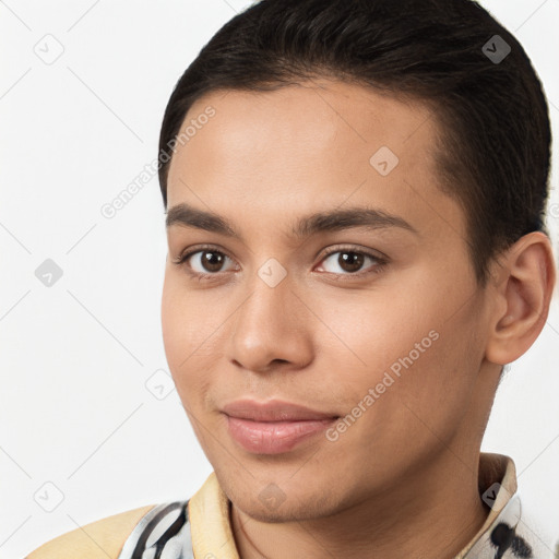 Neutral white young-adult female with short  brown hair and brown eyes