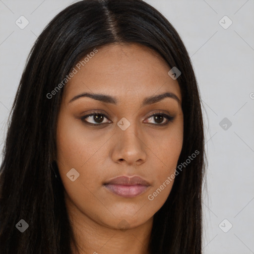 Neutral asian young-adult female with long  brown hair and brown eyes