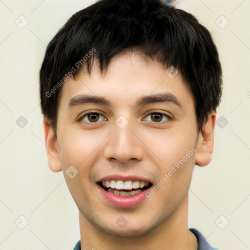 Joyful white young-adult male with short  black hair and brown eyes