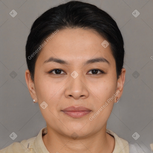 Joyful asian young-adult female with short  brown hair and brown eyes