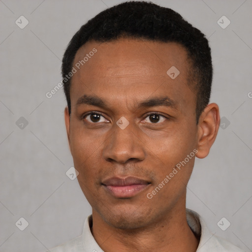 Neutral black young-adult male with short  black hair and brown eyes
