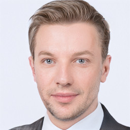 Neutral white young-adult male with short  brown hair and grey eyes