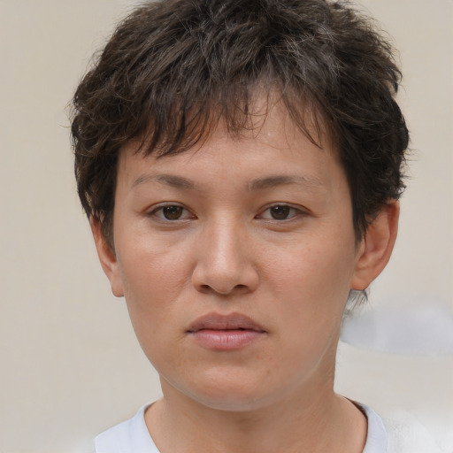 Neutral white young-adult female with short  brown hair and brown eyes