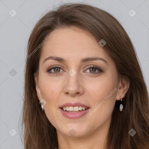 Joyful white young-adult female with long  brown hair and grey eyes