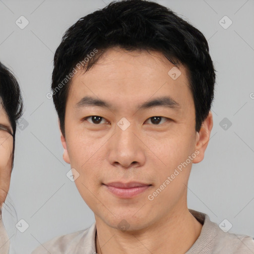 Neutral asian young-adult male with short  black hair and brown eyes