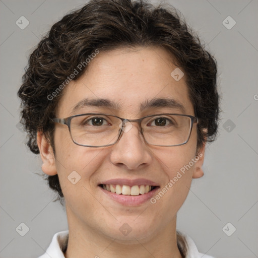 Joyful white adult female with short  brown hair and brown eyes