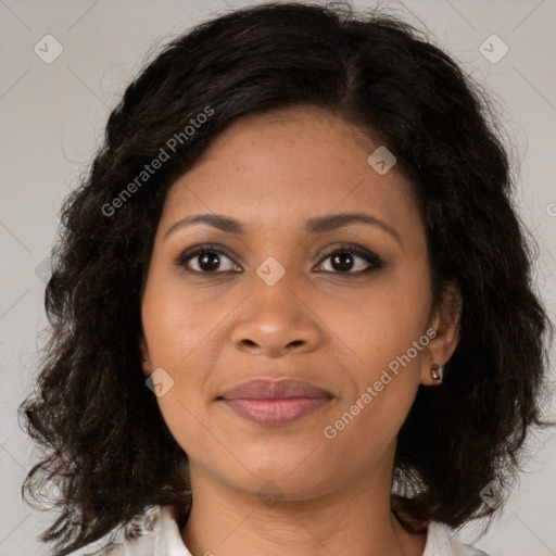 Joyful black young-adult female with medium  brown hair and brown eyes