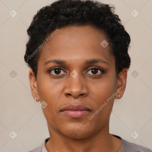 Neutral black young-adult female with short  black hair and brown eyes