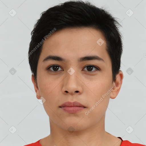 Neutral asian young-adult female with short  black hair and brown eyes